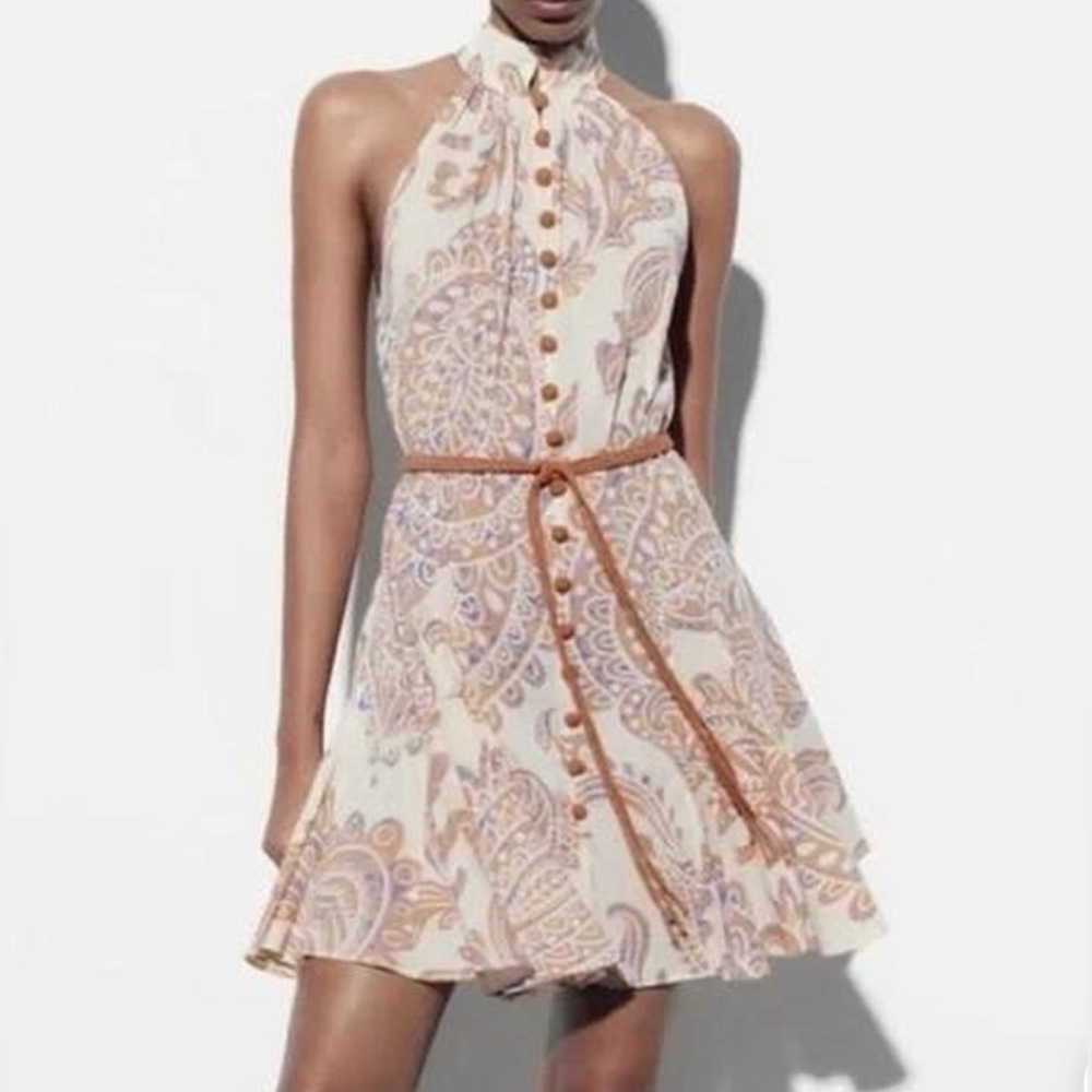 NWT Zara Sleeveless Halter Paisley Mini Dress with Braided Belt XL
